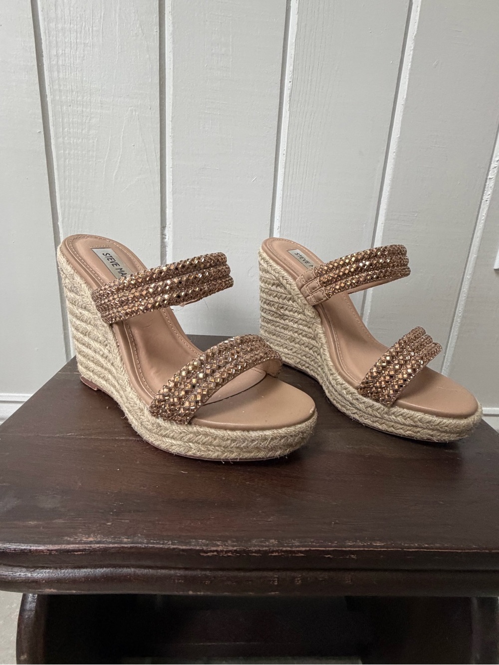 Steve Madden Braided Espadrille Wedges in Tan Rhinestone